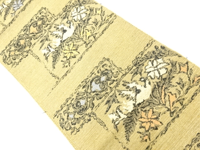 アンティーク　手織り紬花更紗模様織り出し名古屋帯（着用可）